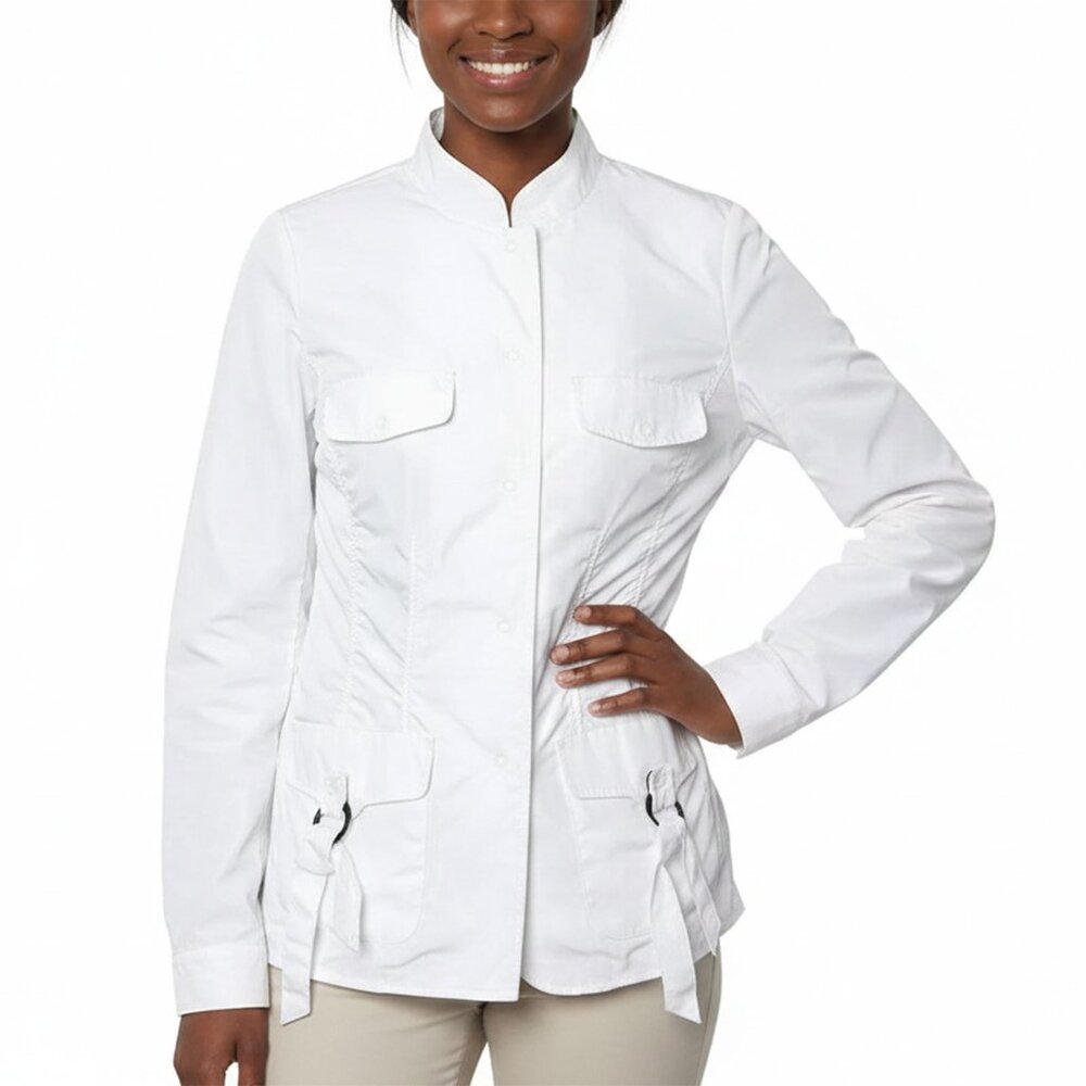 Linea Domani Lightweight Ruched Spring Jacket – Fitted White Outdoor Windbreaker